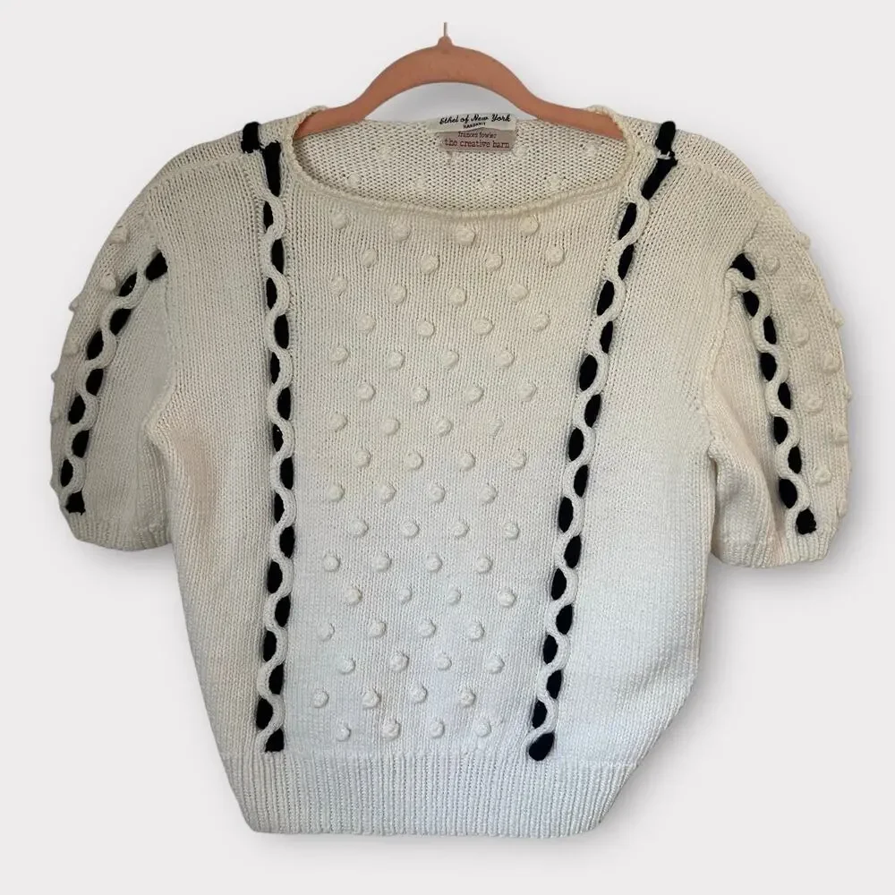 Vintage Hand Knit French Girl Preppy Coastal Short Sleeve Sweater With Pom Poms - Picture 2 of 12